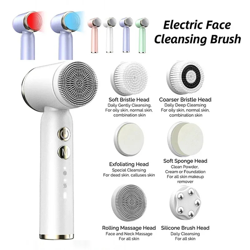 6 In 1 Electric Clean Facial Brush LED Display Face Tightening Exfoliating Cleaning Sonic Massager Cleaner with 6 Head Face Care