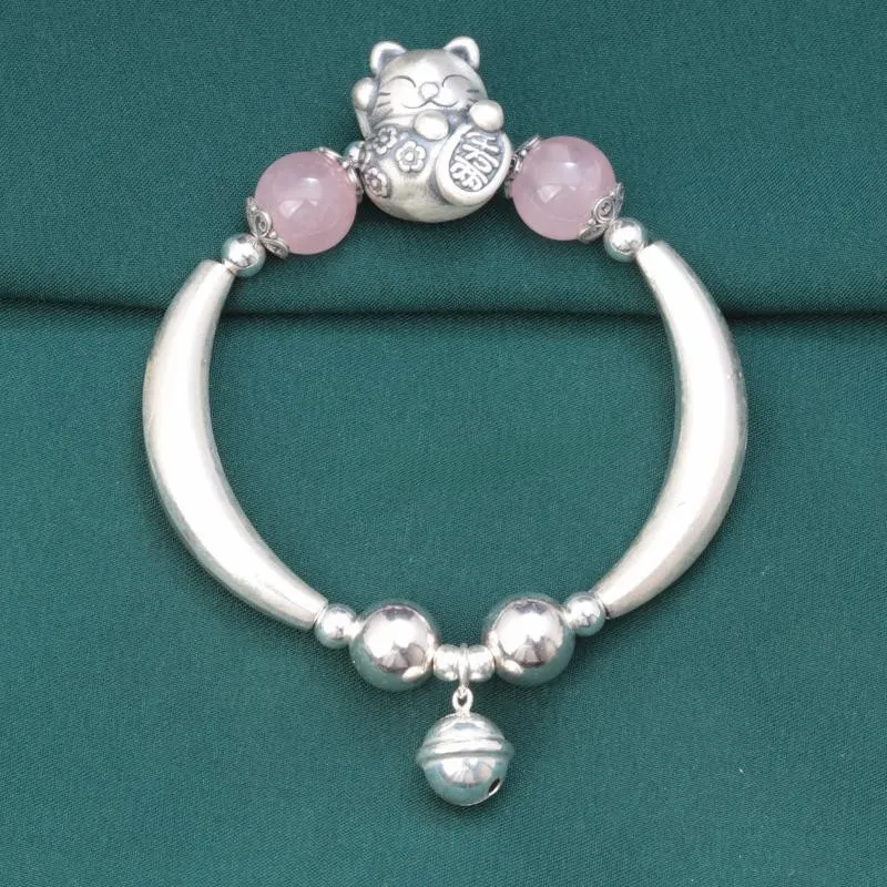 Imagem -03 - Pulseira de Prata Esterlina para Mulheres Cotovelo Gato Pulseiras Sino para Meninas Pulseira Frisada de Quartzo Rosa Étnica Vintage Jóias Artesanais Sl119 925