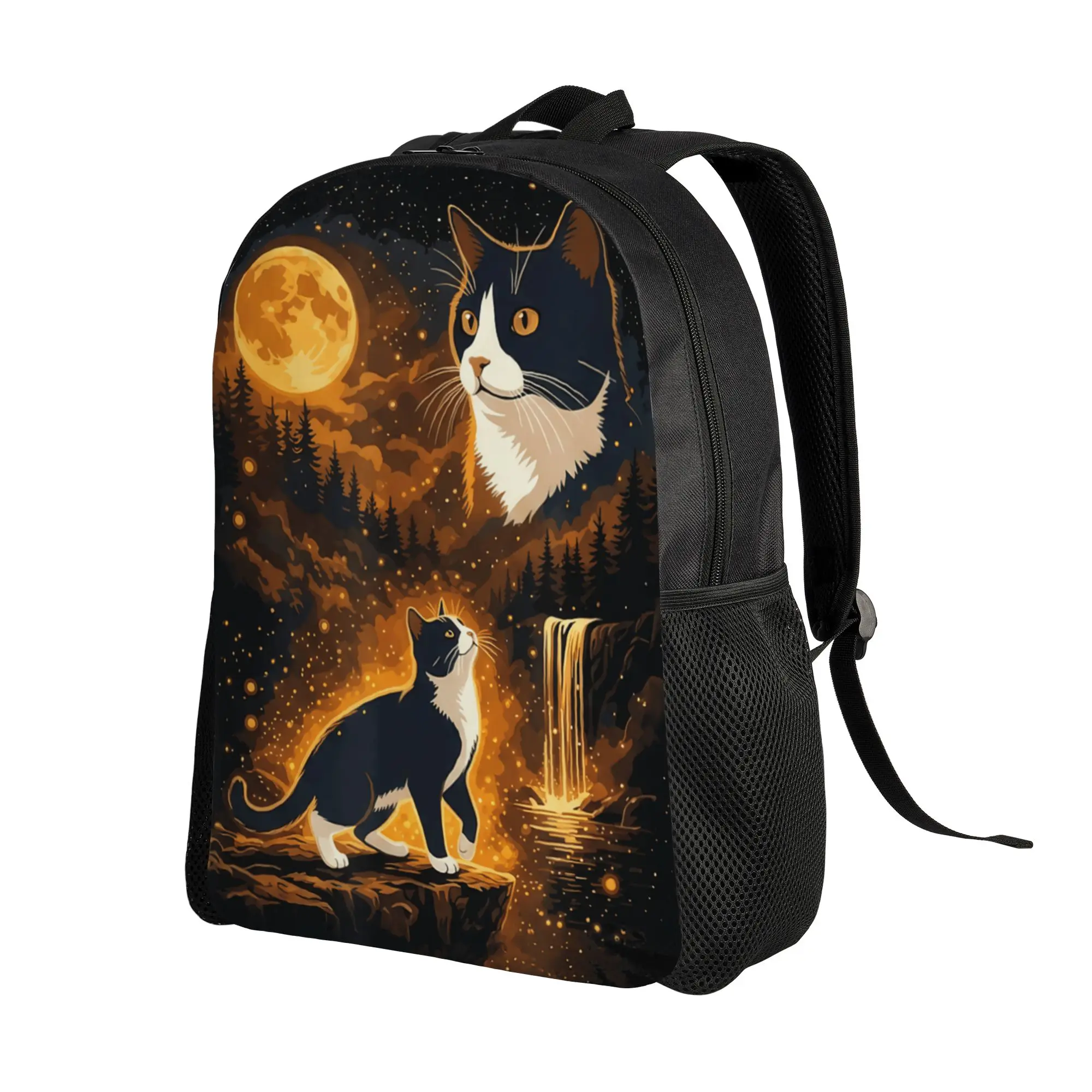 Vintage Moonlight Tuxedo Cat Howling Looking At The Moon Backpack  Boy Girl Polyester Trekking Backpacks High School Bags