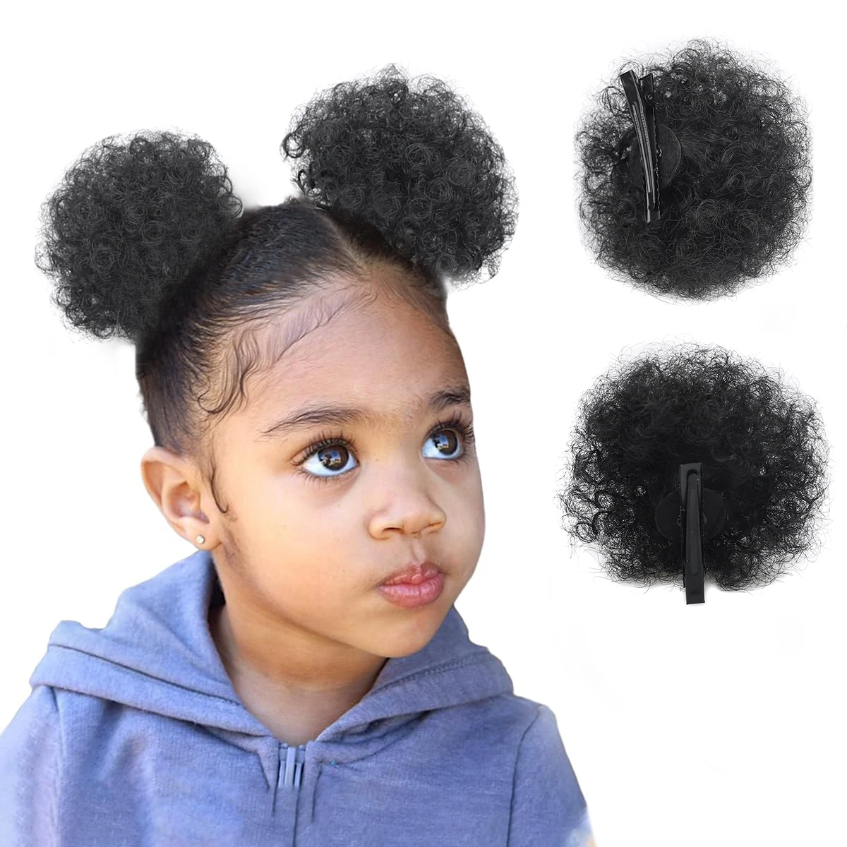 

2 PIECES Afro Puffs Natural Black Curly Hair Bun For Kids Clip On Chignon Hairpiece Natural Soft Durable Repeated Use