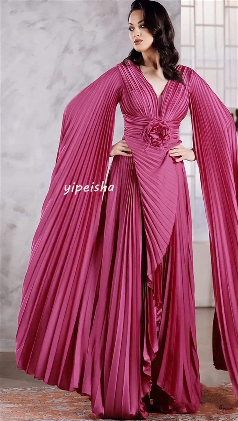 Customized Intricate Fashion Pleat Draped Handmade Flower A-line V-neck Long Dresses Homecoming Dresses Sizes Available High Qu