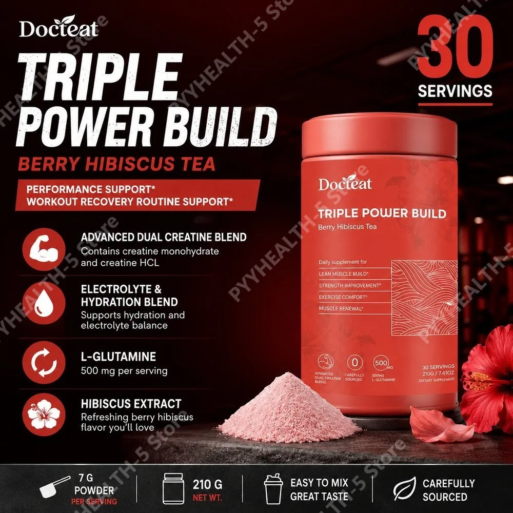 Docteat Berry Hibiscus Tea Creatine Powder with Creatine HCL and L-Glutamine, Supports Hydration and Electrolytes, 30 Servings
