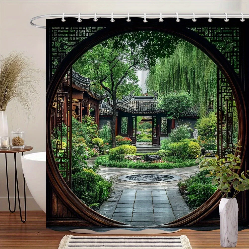 

Discover Tranquility with this Waterproof Shower Curtain Featuring a Traditional Chinese Garden for Peaceful Moments