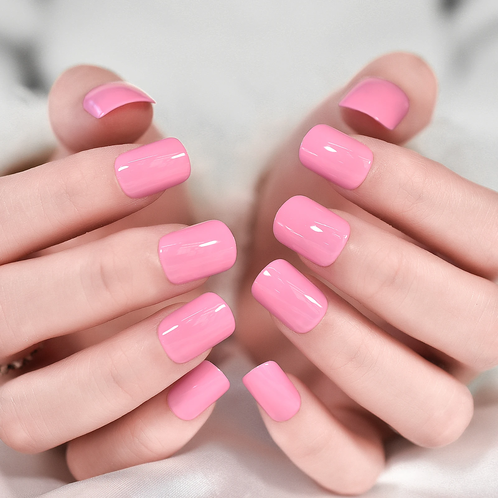 Soft Gel Nails Glossy Fake Nails Art Shoer Square Fingernails Press On Nails Solid Color Pink Manicure At Home With Sticker Pads