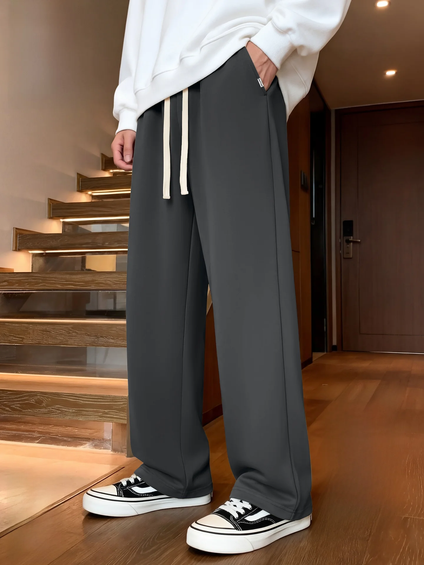 

Fce Lined Casual Trousers Men's Winter Deep ey Straight Leg Wide Leg Pants Youthful American Casual Sle