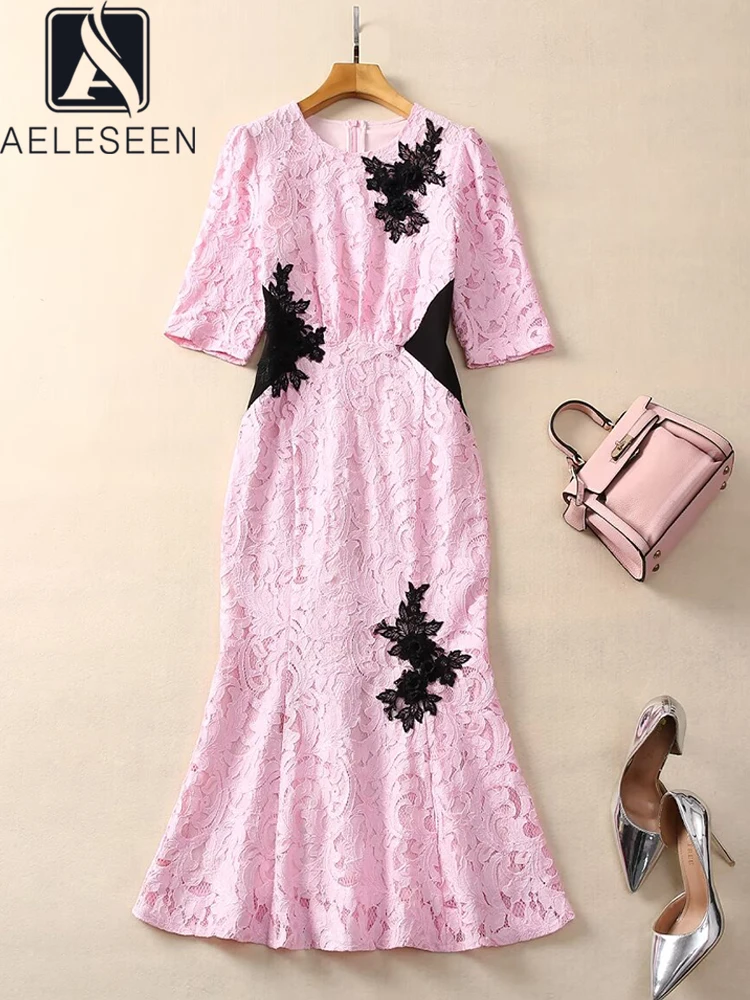 

AELESEEN Pink Lace Mermaid Dress For Women Summer Fashion High Quality Short Sleeve 3D Appliques Embroidery Elegant Party