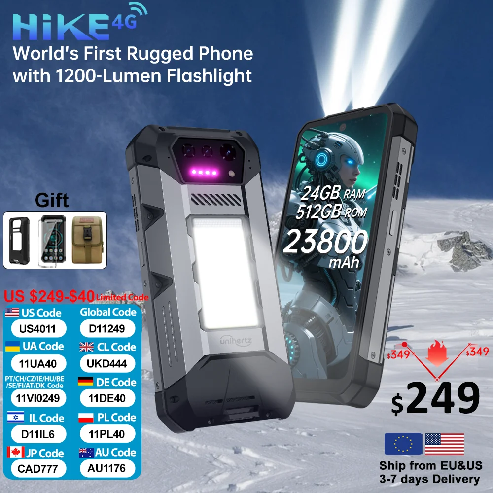 Unihertz Hike 8849 Rugged Smartphone Android 14 with 1200 Lumen 200 Meter Flashlight 23800mAh 12GB+512GB G200 CPU Dual Speaker