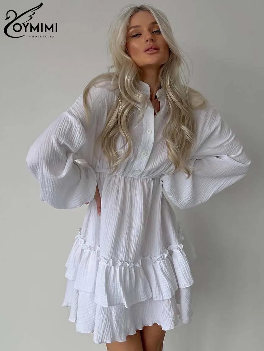 Oymimi Elegant White Cotton Dresses 2024 Women Casual Long Sleeve Button Solid Dresses Fashion High Waisted Pleated Mini Dress