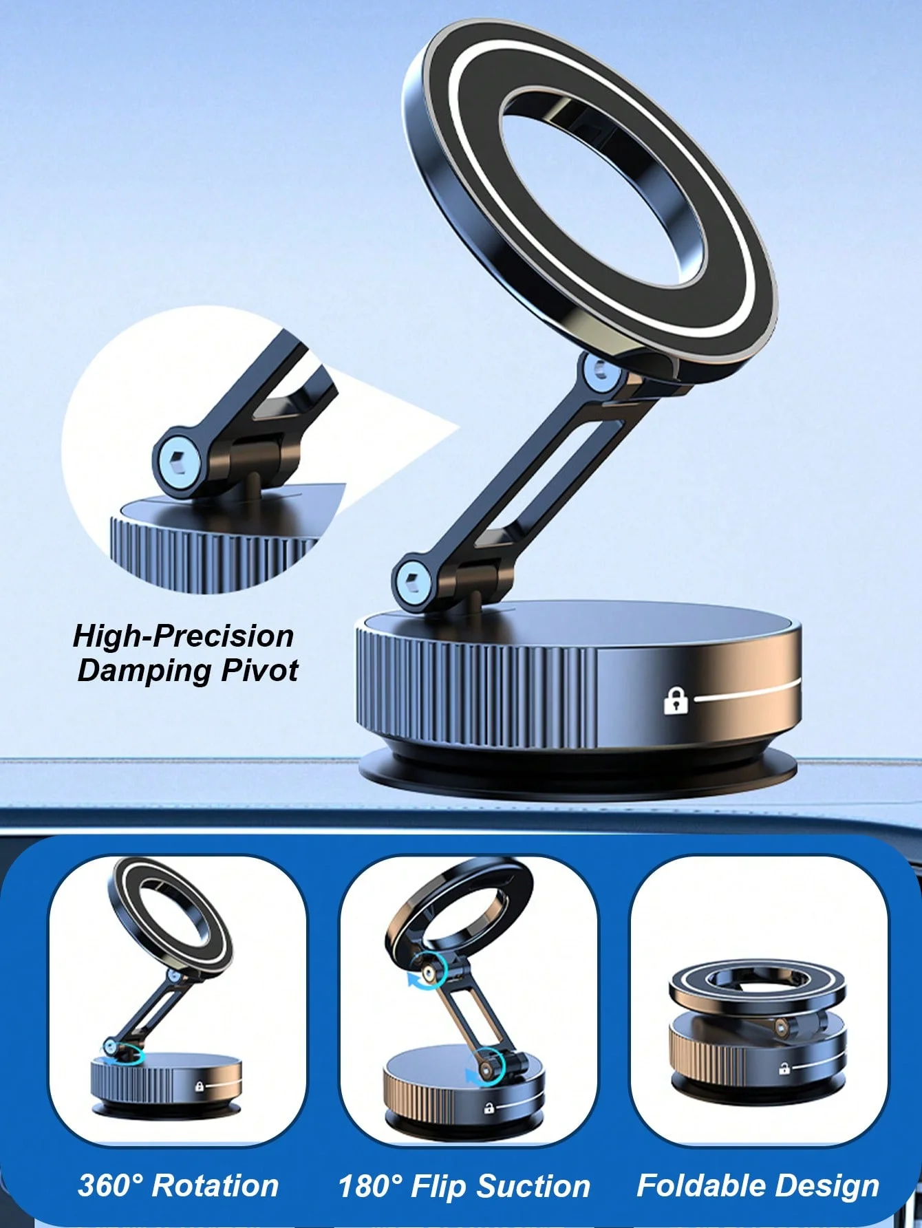 360 °   حامل هاتف MagSafe للسيارة قابل للطي ثلاثي المحاور - قاعدة مغناطيسية مفرغة للملاحة، متوافقة مع iPhone وجميع MagSafe De