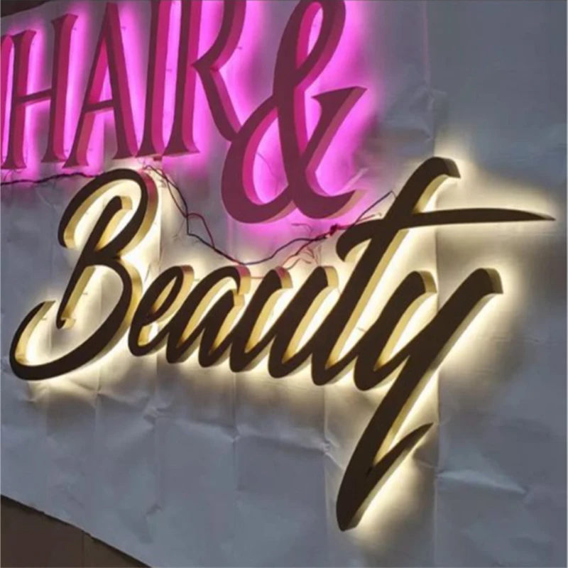 Customized Outdoor backlit Stainless Steel LED Store sign, back lighted metal company logo hair beauty salon sign letters