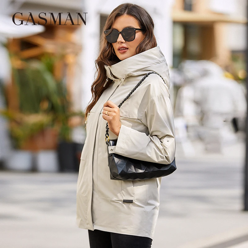 GASMAN 2022 New Women's trench coat printing short Fashion Casual Windproof jacket Hooded design Women windbreaker Outwear 8212