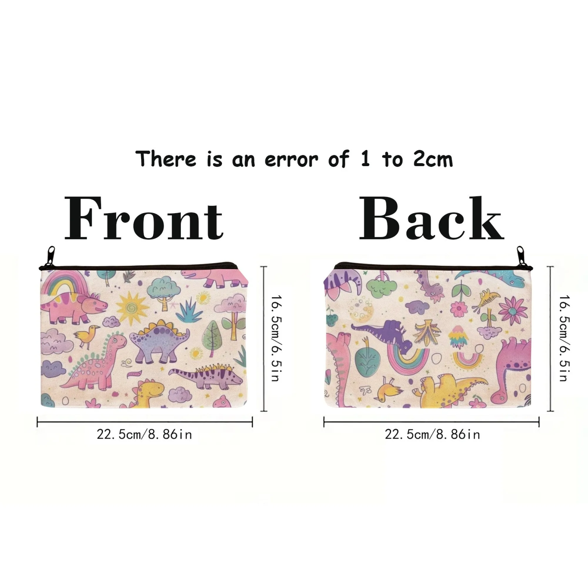 Cute Dinosaur Pattern Print Canvas Makeup Bag with Zipper, Colorful Cartoon Cosmetic Organizer ,For Girls Travel & Daily Gift