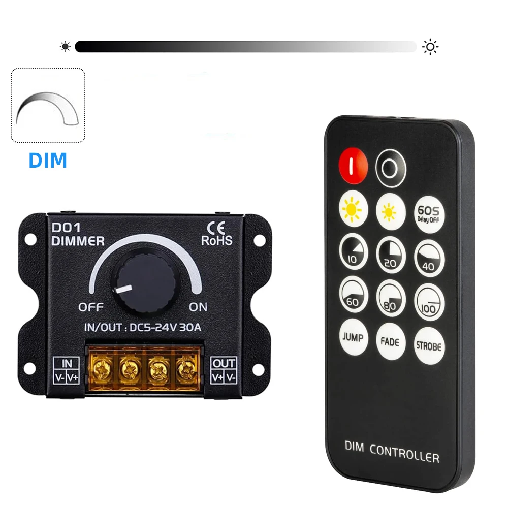 DC5-24V 30A LED Strip Light Knob Switch Dimmer with Wireless RF Controller for Single Color / CCT led strip Lights PWM Dimming ﻿