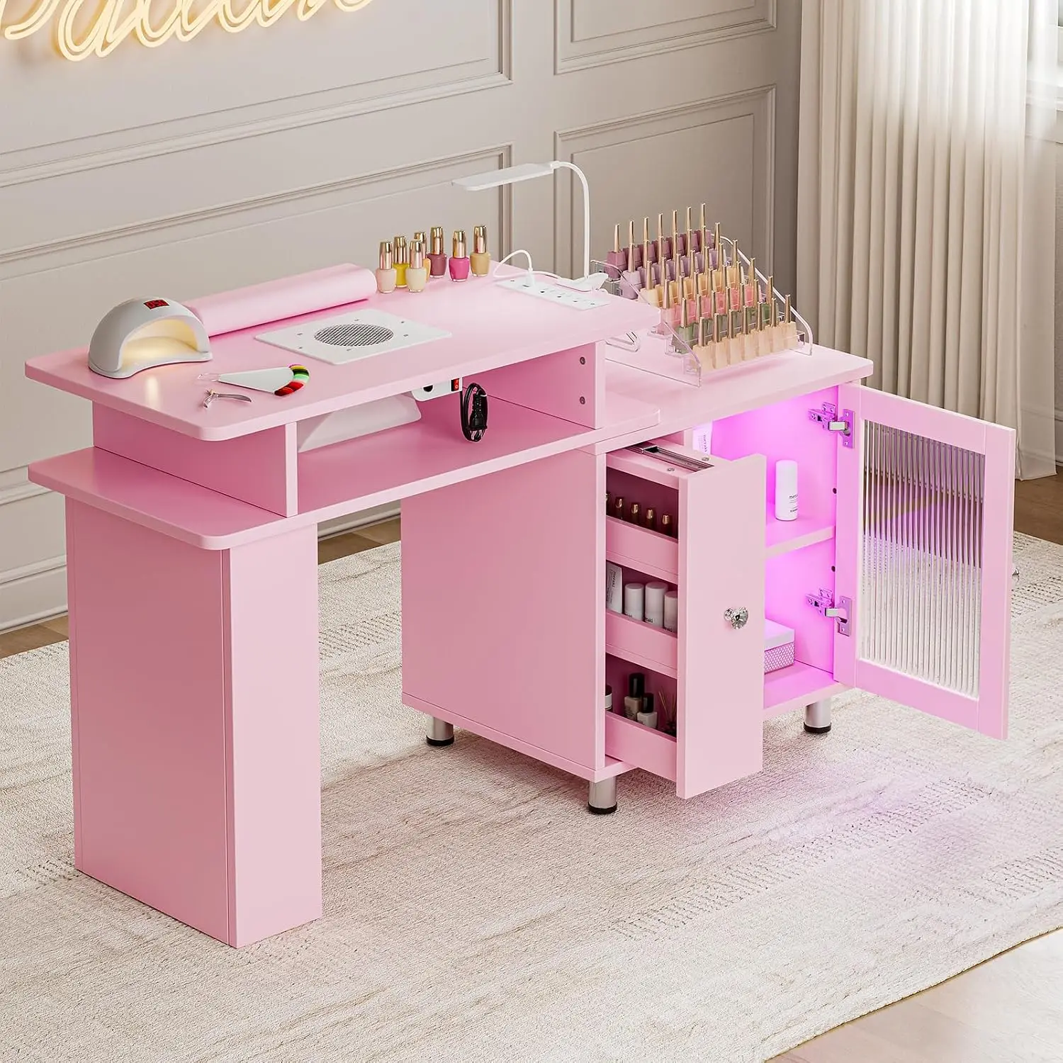 Manicure Table Nail Desk with LED Lamp & Light, Glass Cabinet Door Nail Table Station w/Dust Collector, Charging Station