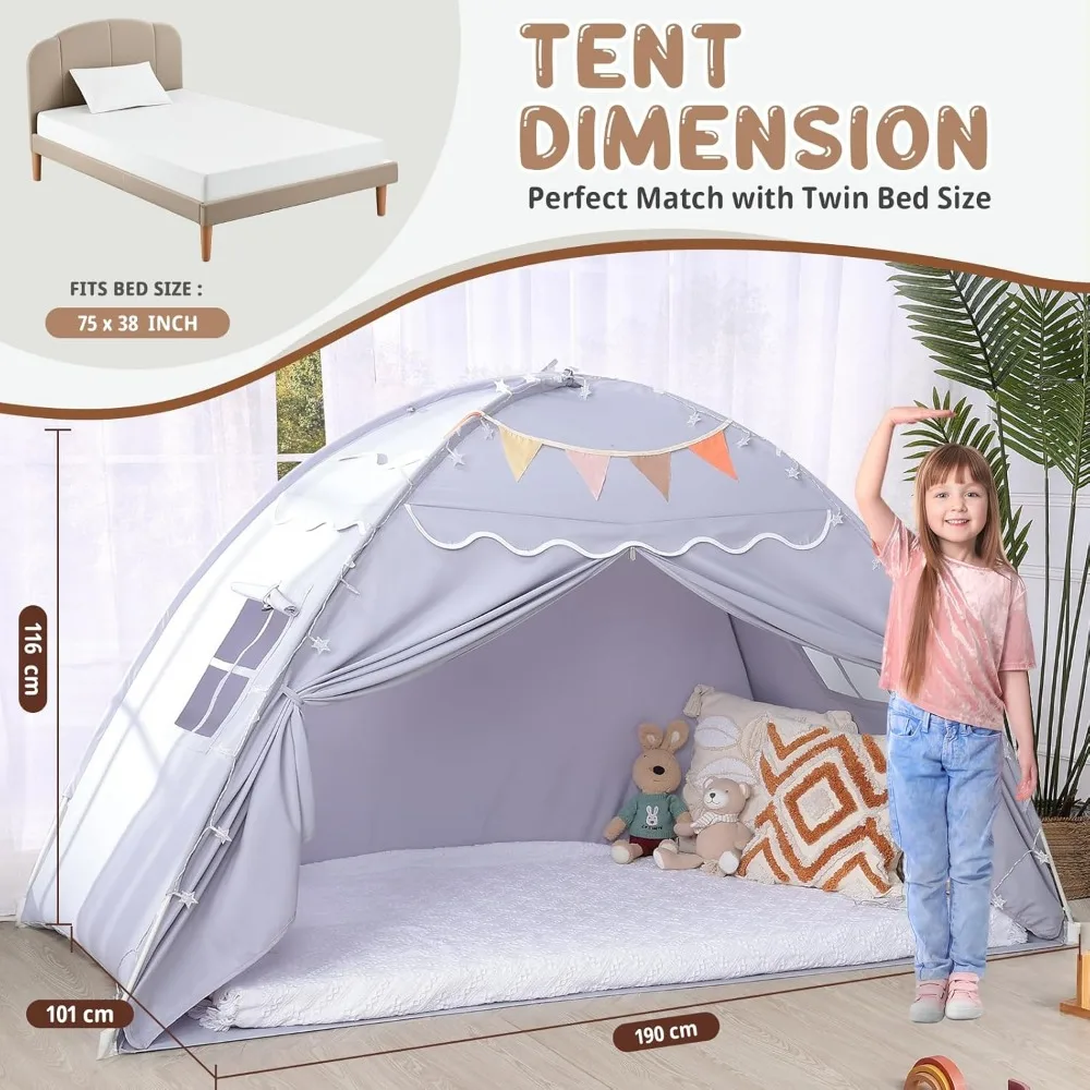 Tenda Tempat Tidur Balita Sumbababy: Lampu & Bendera, Tenda Tempat Tidur Lantai Dalam Ruangan untuk Anak-Anak - Rumah Bermain Portabel & Lipat, Tirai Tempat Tidur Tingkat Twin