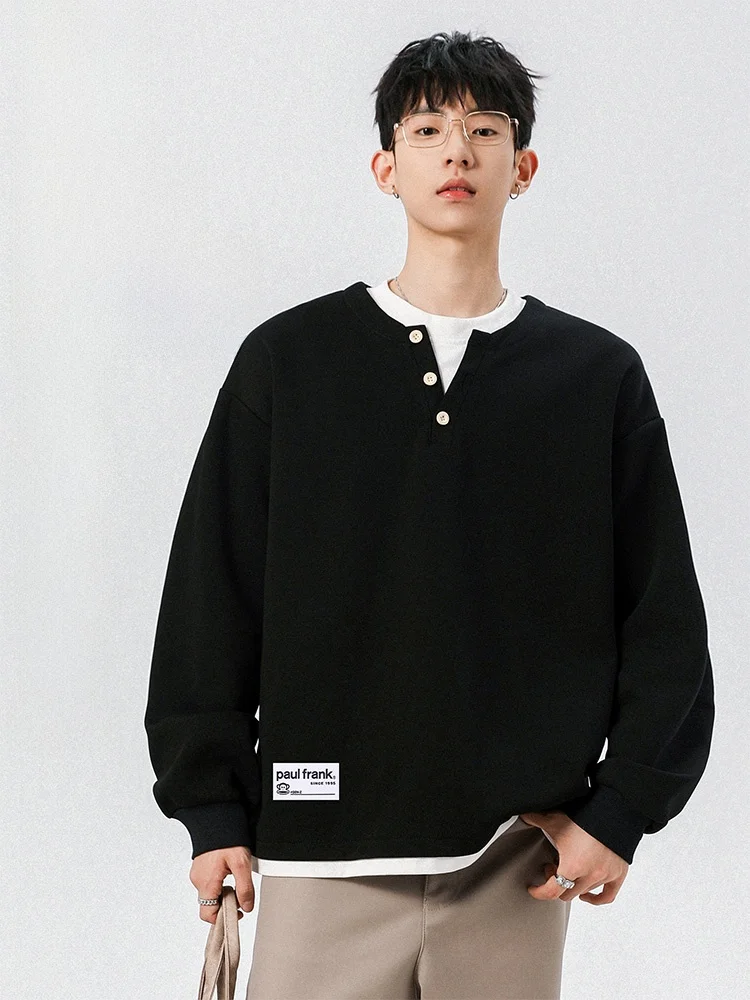 

PaulFrank Loose Fit Henry Collar Fake Two-Piece Sweatirt Men's Casual Long Sve Top Comfortable Polyester Autumn Wear