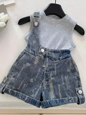 Neues Mädchen-Sommeroutfit, Baby-Mädchen-Shorts, Koreanischer Stil Trägertop, Sommer-Kinder-Ärmelloses Westen-Set