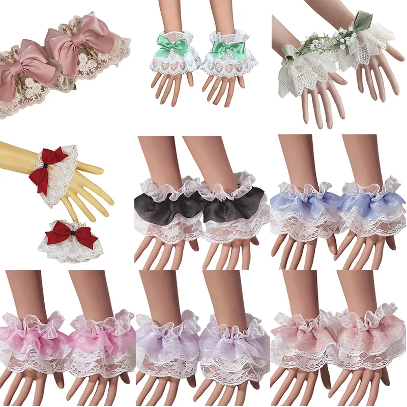 Japanese Lolita Hand Sleeve Wrist Cuffs Sweet Ruffled Lace Multicolor Bowknot Maid Cosplay Bracelet for Wedding Party