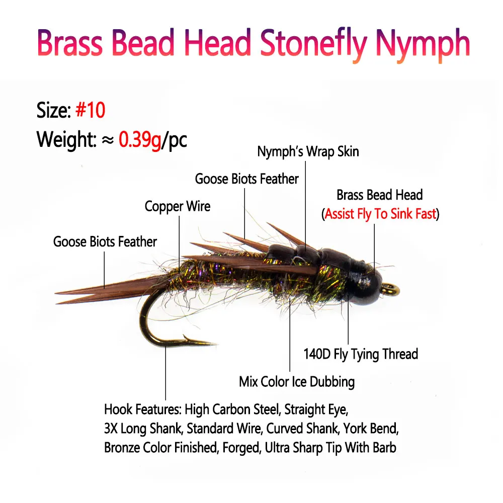 Bimoo #10 8PCS Brass Bead Head Stonefly Nymph Brown Hackle Copper Wire Fast Sinking Wet Nymph Fly For Trout Fishing Lures Baits