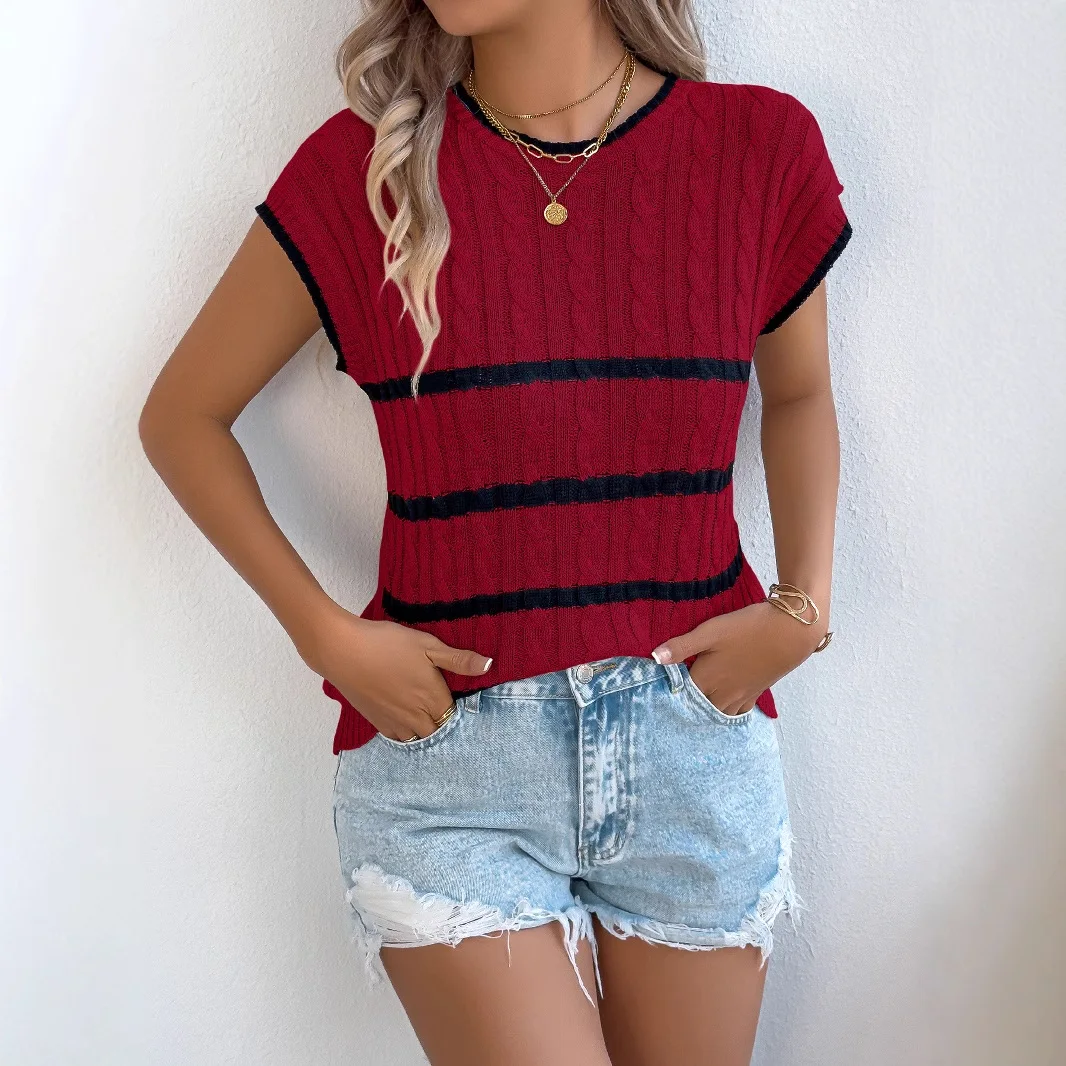 2025 Women's Clothing Summer Striped Cable Casual Loose Knitted Sweater Vacation Top