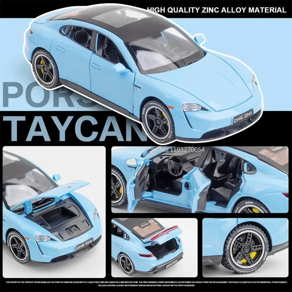 1:32 Porsche Taycan, coche deportivo de aleación, modelo de juguete, cuerpo de Metal fundido a presión, sonido, luz, vehículo en miniatura extraíble para chico, regalo de Navidad