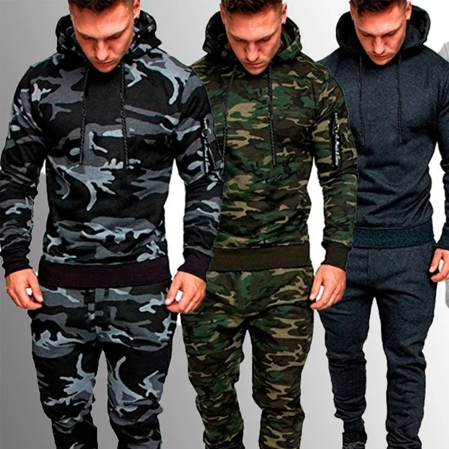 Autumn and Winter Men\'s Military Sports Tracksuit Camouflage Tactical Pants and Hoodie Set 2-piece Sports Suits