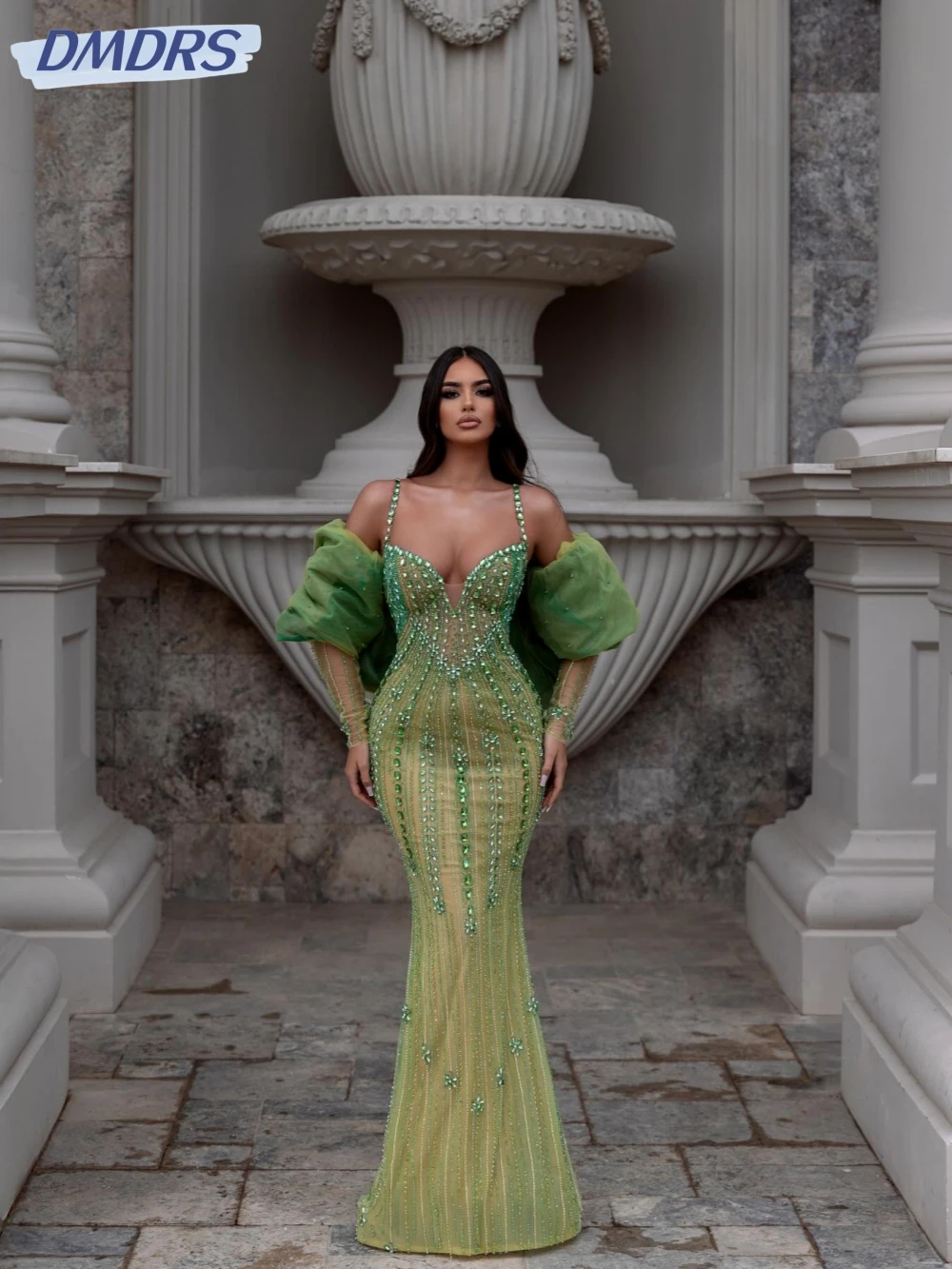 Green Luxury Beaded Straight Long Evening Dress Graceful Detachable Sleeves Wedding Party Gown Customized Illusion  Prom Dresses