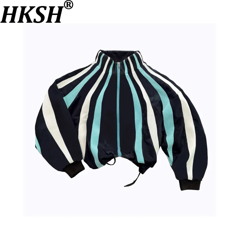 

HKSH Spring New Man Tide Chic Knitted Patchwork Jacket Striped Casual Sport Couple Coat Color Contrast Punk Techwear Ins HK10512