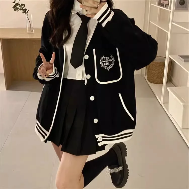 Women Loose Baseball Coat Stand Collar Student Pockets Jacket Open Cardigan Button Closure Letter Print Patchwork Color Jacket