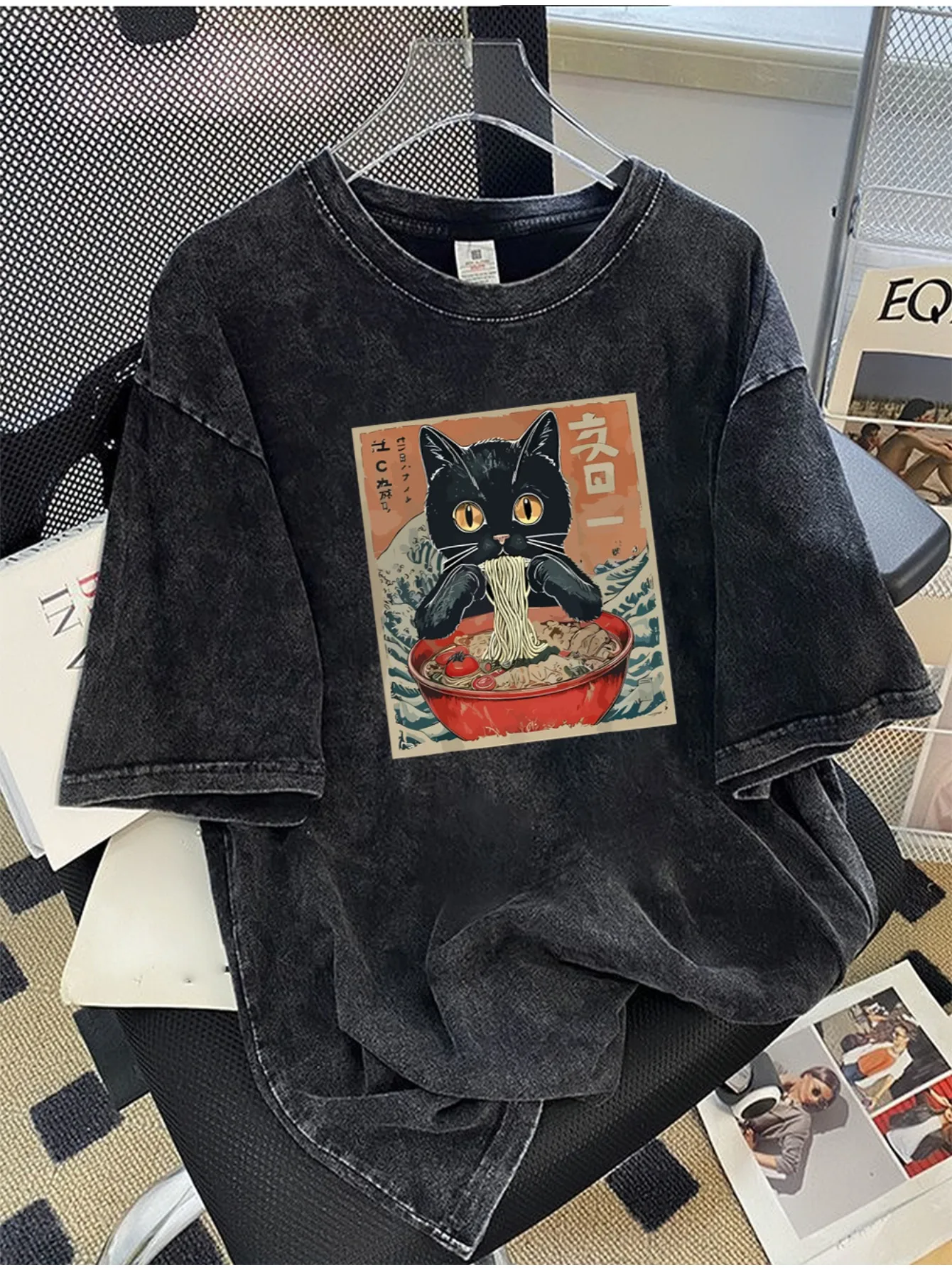 Camiseta de Verano para Hombre, 100% Algodón, con Estampado de Gato Samurái Comiendo Ramen, Estilo Urbano, Ideal para Salidas Casuales