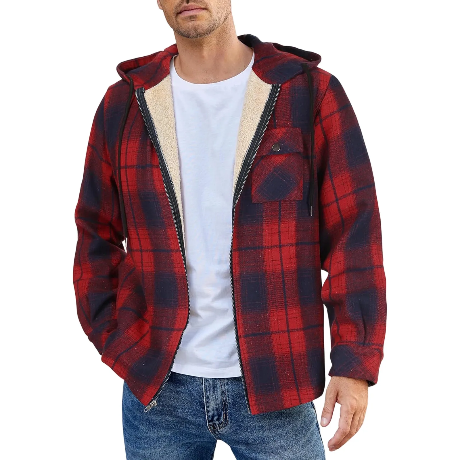 

Thickened Fleece Lined Hooded Men's Shirt Plaid Retro Warm Top Winter Fashion Men's Clothing Classic Style Zipper Jacket