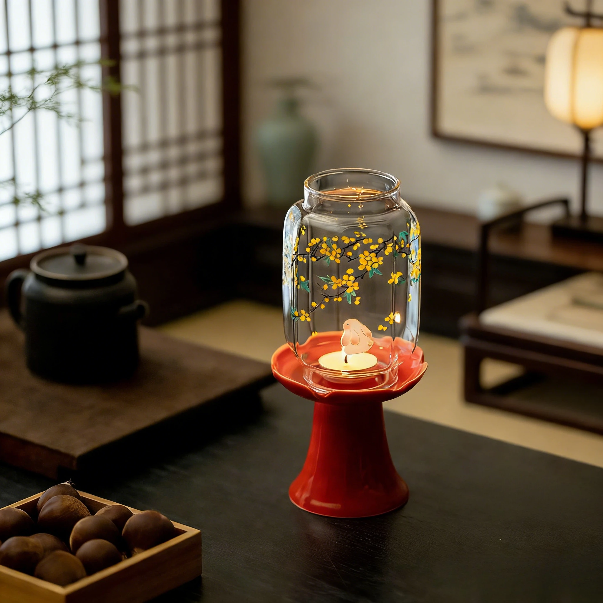 New Chinese-Style Forbidden City Red Glass Candlestick - Rabbit Playful Among Osmanthus Blossoms | Zen Tea Room Ornamen| Craft