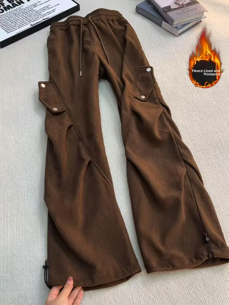 

American Retro Corduroy Workwear Pants Men's Autumn Winter Fce Lined Straight Leg Sports Loose Casual Long Trousers