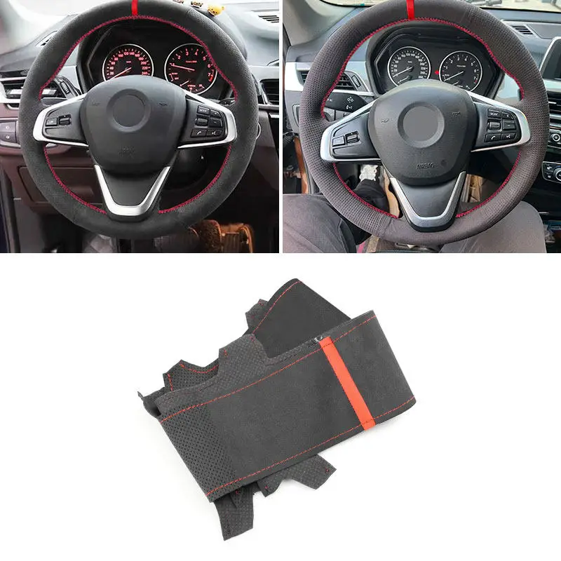 For BMW F45 F46 X1 F48 X2 F39 2018 2019 Car Steering Wheel Cover DIY Hand-stitched Suede Leather red line strip Trim Accessories