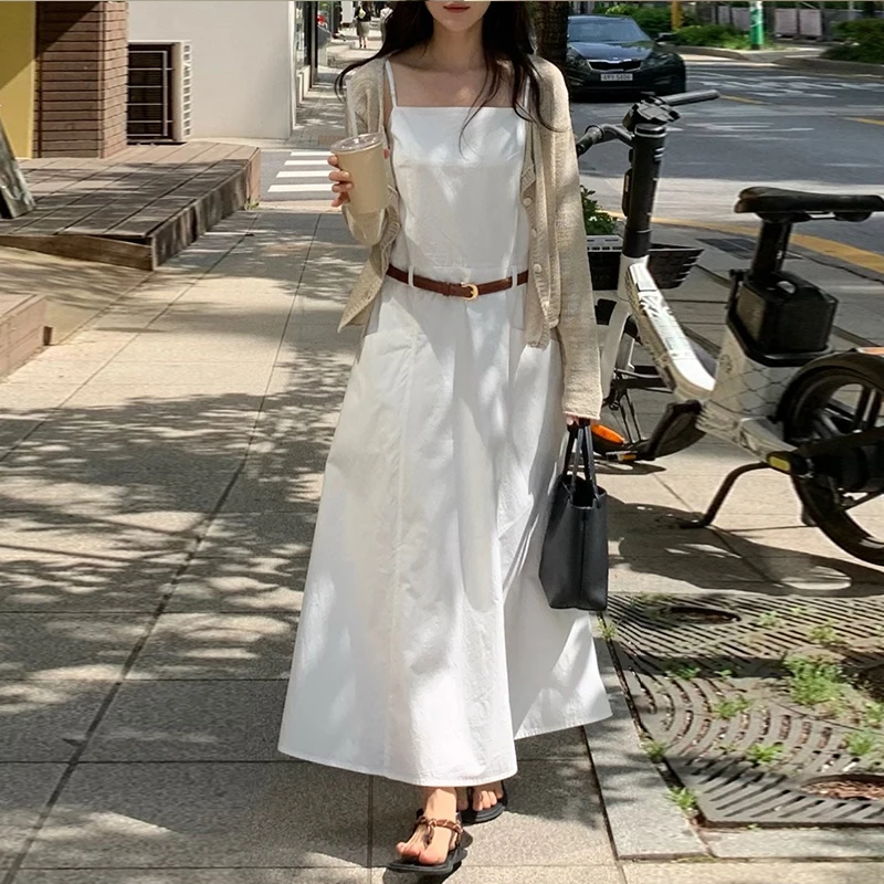 Korea Chic Simple Temperament Women Dresses Solid Color All-match Double Pocket Suspender Vestidos with Belt Femlae Dress