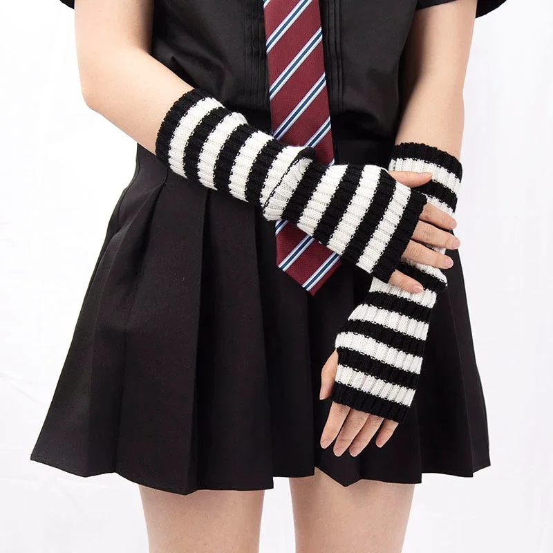 30cm Knitted Thick Striped Arm Sleeves Mid-to-long Length Autumn Warm Half-finger Gloves Students Korean Couples Lolita Sleeves