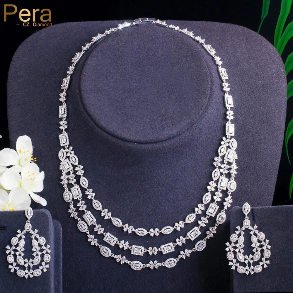 

Pera Gorgeous Clear Cubic Zirconia Nigerian Luxury Bridal Three Layers Big Necklace Earring Wedding Jewelry Set for Brides J347