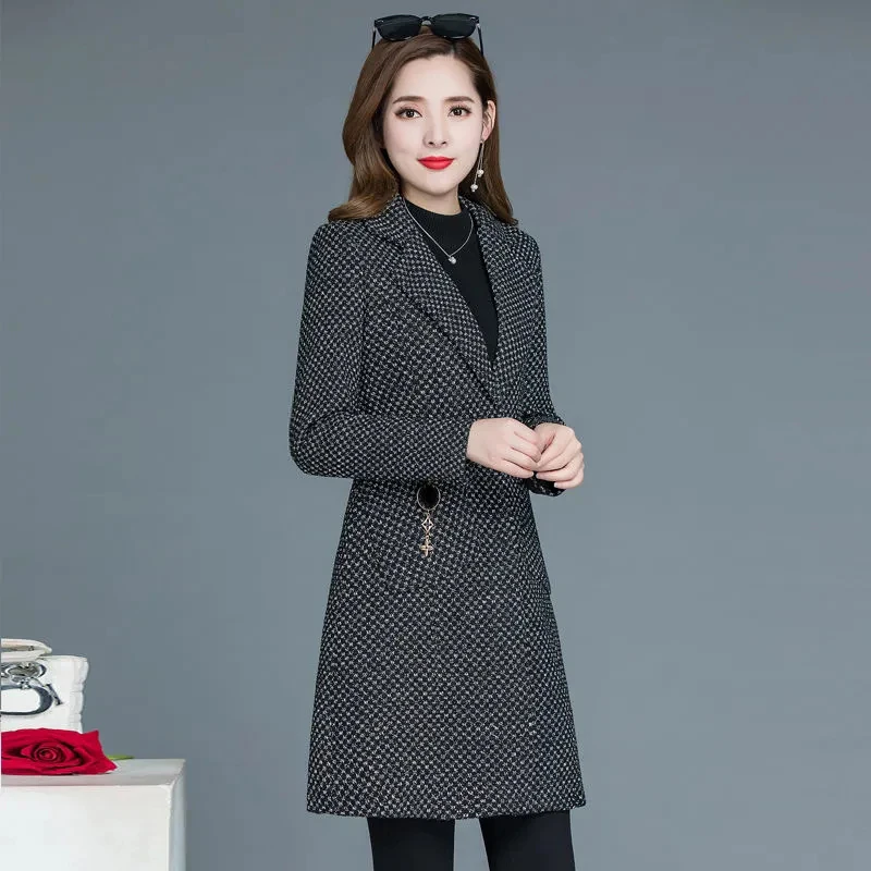 2023New Autumn Winter Woolen Coat Female Fashion Loose Mid Long Suit Collar Single Breasted Jacket Women Casual Slim Ladies Tops