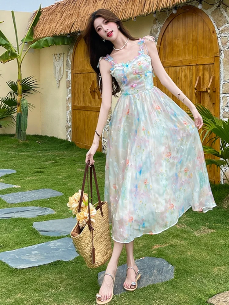 

Butterfly Oil Painting Girl Long Print Waist Cinched A-line Suspender Dress Women's Summer French Temperament High-End Dresses