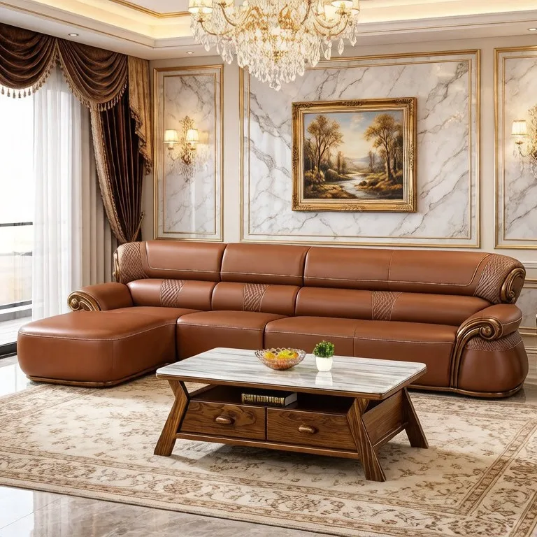 Ebony wood, first layer cowhide, log leather corner sofa, new Chinese style