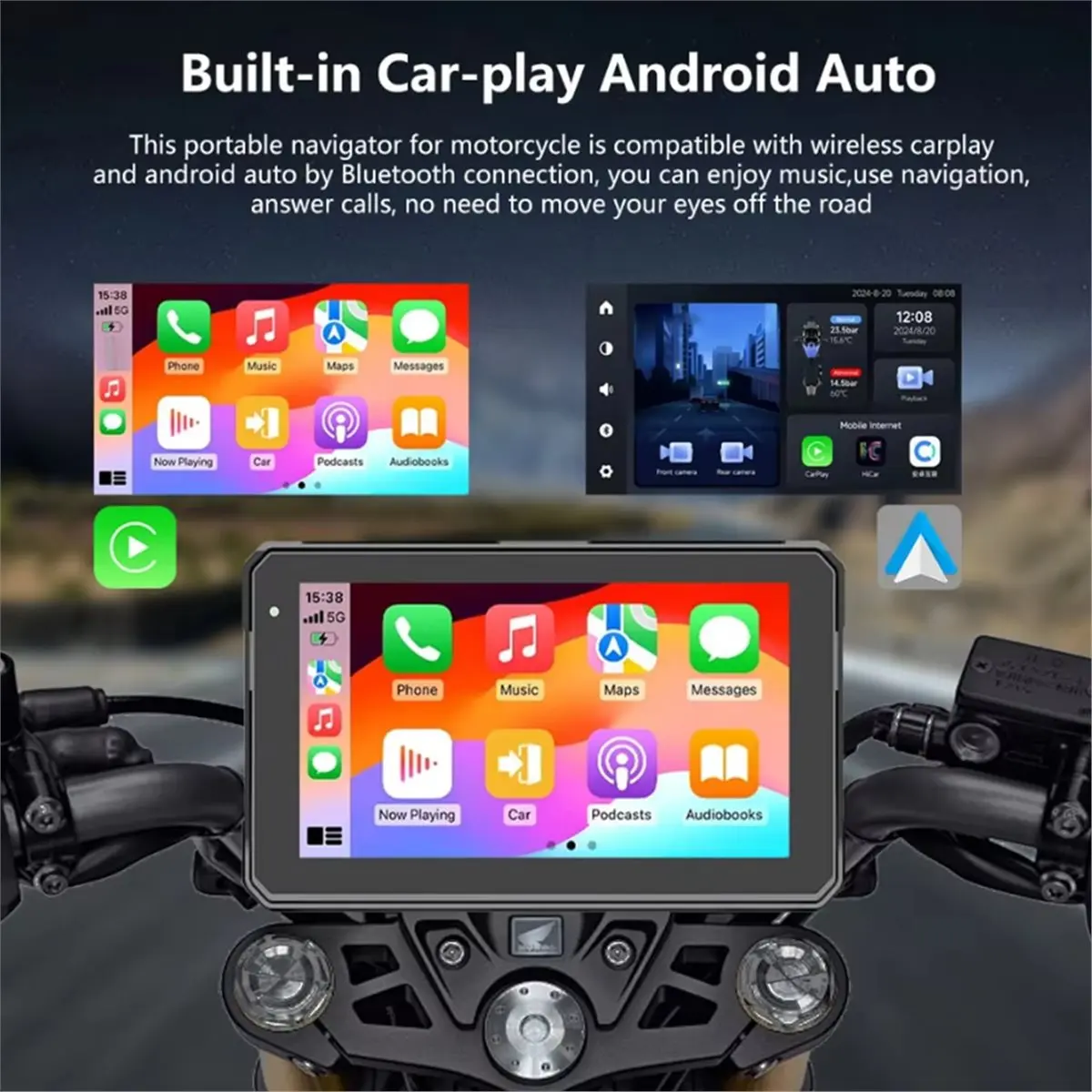 7-Inch Motorcycle Navigation Screen Portable Monitor IPX8 Waterproof for CarPlay Android Auto Wireless Display Screen