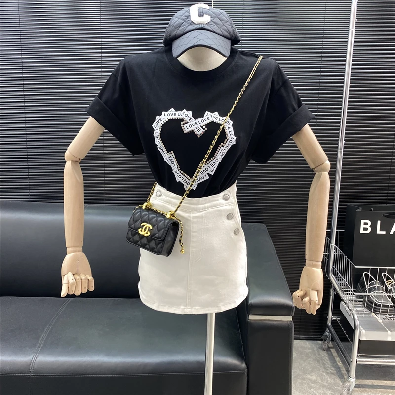 New 2022 fashion Designer new style Famous brand Diamond studded Love Letter Frosting T-shirt l casual Versatile Top women