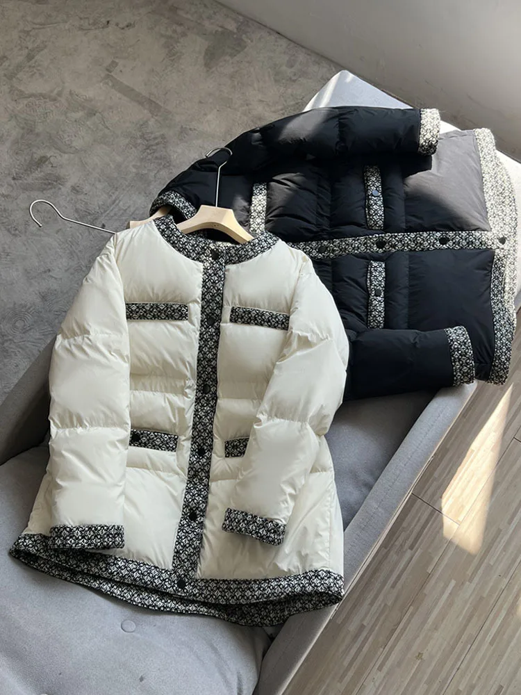 Small Fragrance Women's Down Jacket Warm Mid-length Parkas Fashion Elegant O-neck 90% White Duck Down Female Winter Coat