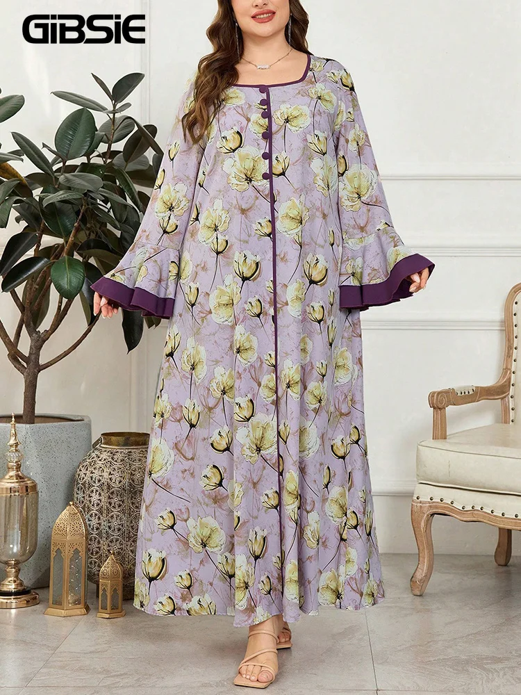 GIBSIE Plus Size Floral Print Flared Sleeve Dress Women 2026 Spring New Button Detail Vintage Loose Maxi Long Dresses Woman