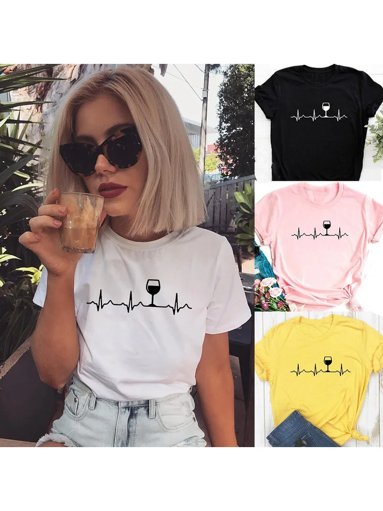 

Wine Heartbeat Print T Shirt Women Short Sleeve Round Neck 2020 Summer Female Funny Tee Tops Camisas Mujer Graphic Tees Women