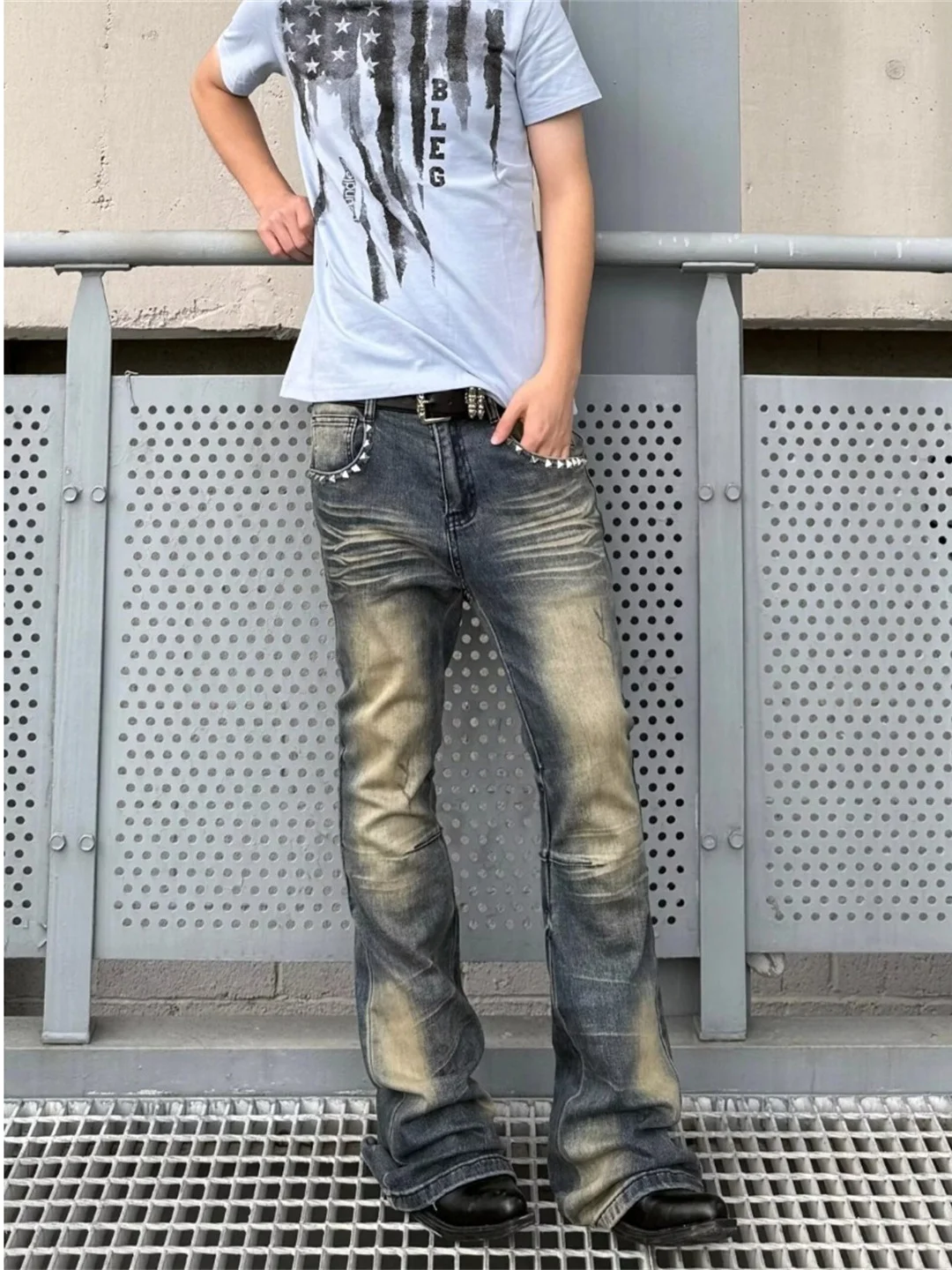Retro American Men's Jeans Straight Leg Micro Flared Pants Vintage Washed Spring Autumn Rivet Splicing