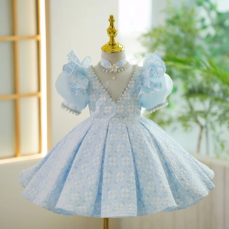 Luxe Baby Meisje Prinses Parel Bruiloft Bloem Meisjes Jurk Baby Peuter Vintage Vestido Party Optocht Verjaardag Baljurk