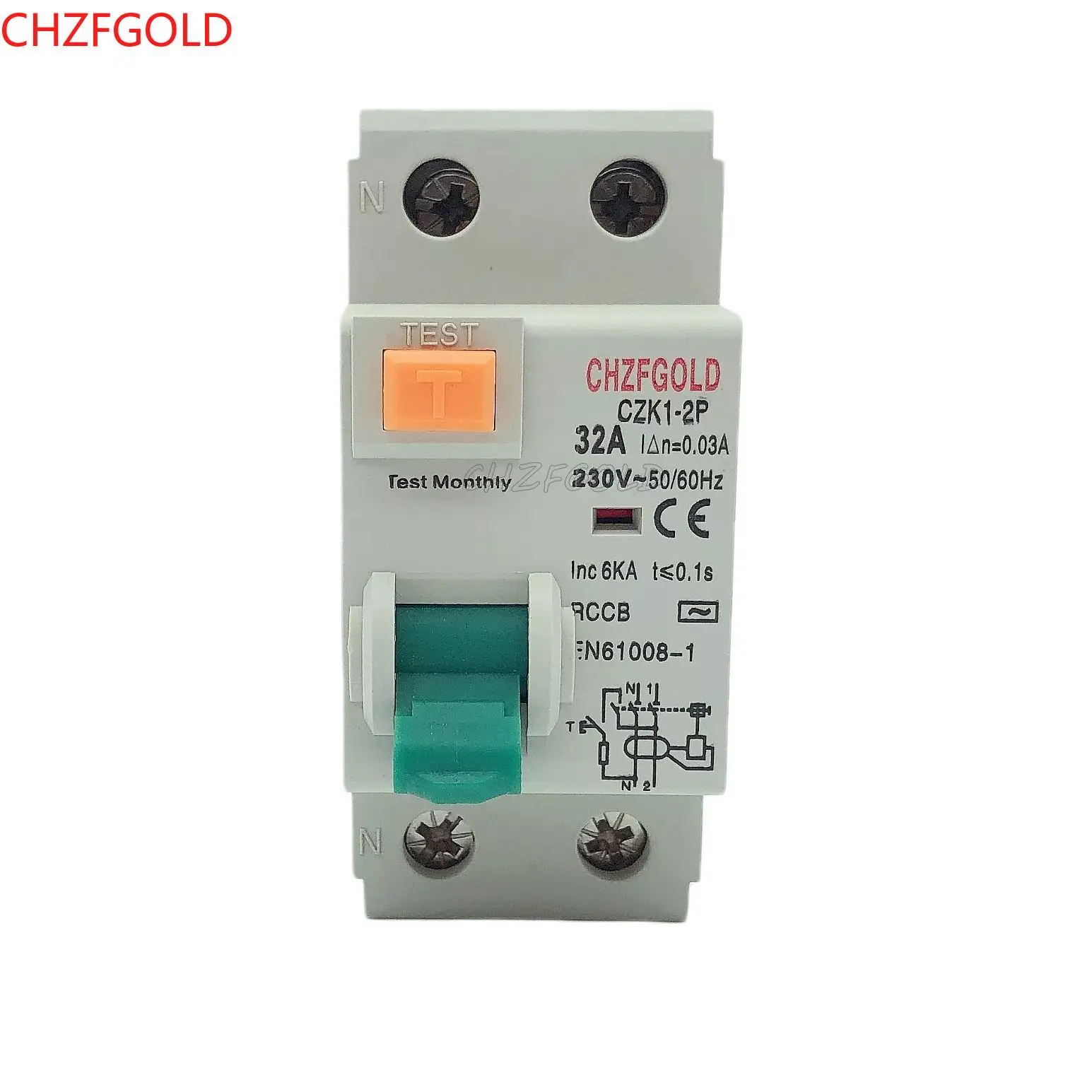 CHZFGOLD CZK6 RCCB10KA 1P+N RCD63A  Circuit Breaker Differential Breaker Safety Switch 10mA 16A  63A 10mA 30mA 100mA 6KA