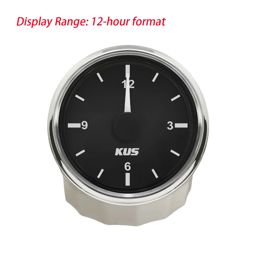 KUS 52mm Clock Meter Gauge 12-Hour Format with Red Backlight 12V 24Volts for Car Limousine RV SUV Boats