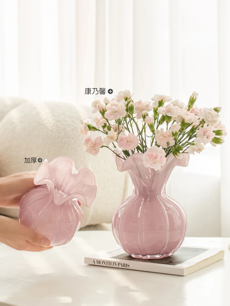 

French Light Luxury Pink Glass Vase Table Hydroponic Vase Crafts Living Room Home Decoration Flower Arrangement Holiday Gift